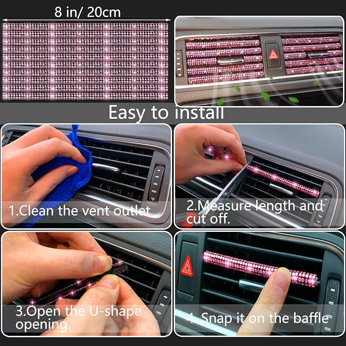 27-Piece Bling Car Accessories Set - Universal Fit Steering Wheel Covers, License Plate Frames, Phone Holder, Car Fast Charger, Coasters (Pink)