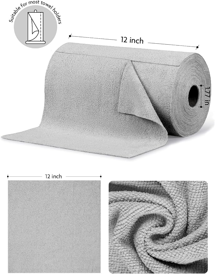 Microfiber Cleaning Cloth Roll- 75 Sheets, 12" x 12" (Grey) | Super Absorbent, Lint-free, Tear-away Microfiber Towel Roll, for All-Purpose Cleaning, Reusable Alternative to Paper Towels