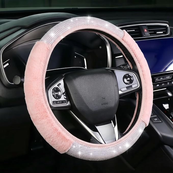 Bling Steering Wheel Cover Pink Fluffy Rhinestone for Women Girls | White Diamond Elastic Car Steering Wheel Accessories Sparkling Fur Steering Wheel Protector Warm Universal Fit 14-15 inch