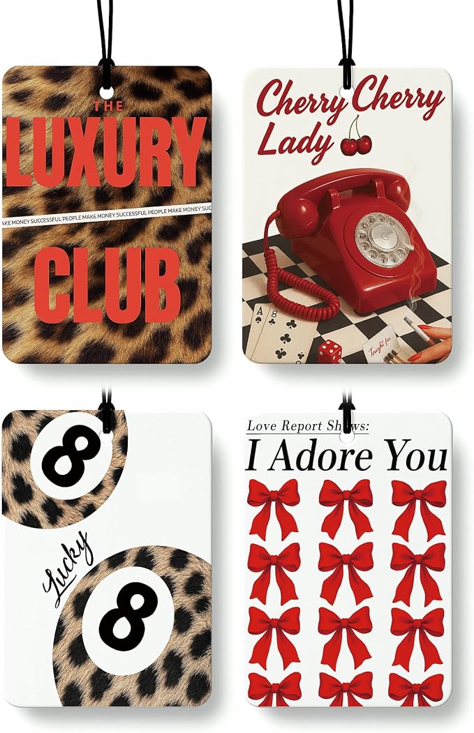 Trendy Coquette Red Bow Leopard Print Car Air Freshener 4 Pcs, Fashion Cheetah Lucky 8 Ball Hanging Air Freshener for Cars Closet Drawer Books, Girly Car Accessories Mirror Decor for Women