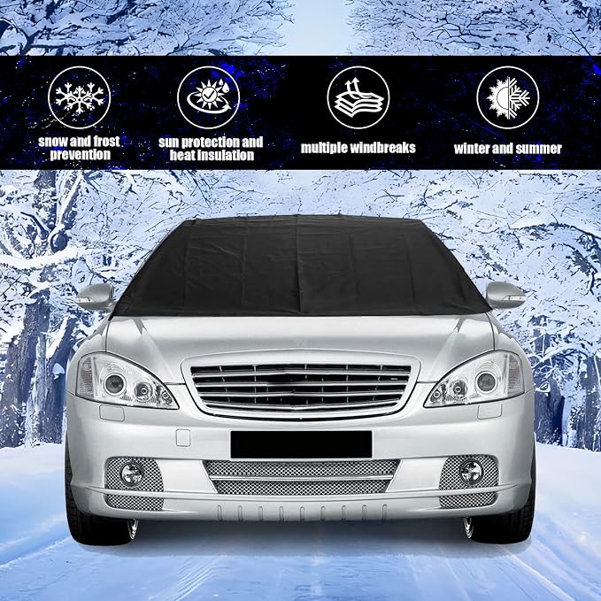 Car Windshield Snow Cover, Upgraded 600D Oxford Fabric Windshield Frost Cover, 75×47 Inch Wind and Snow Protection Kit, Four Seasons Car Windshield Sunshade and Snow Cover, Universal Truck, SUV, Car