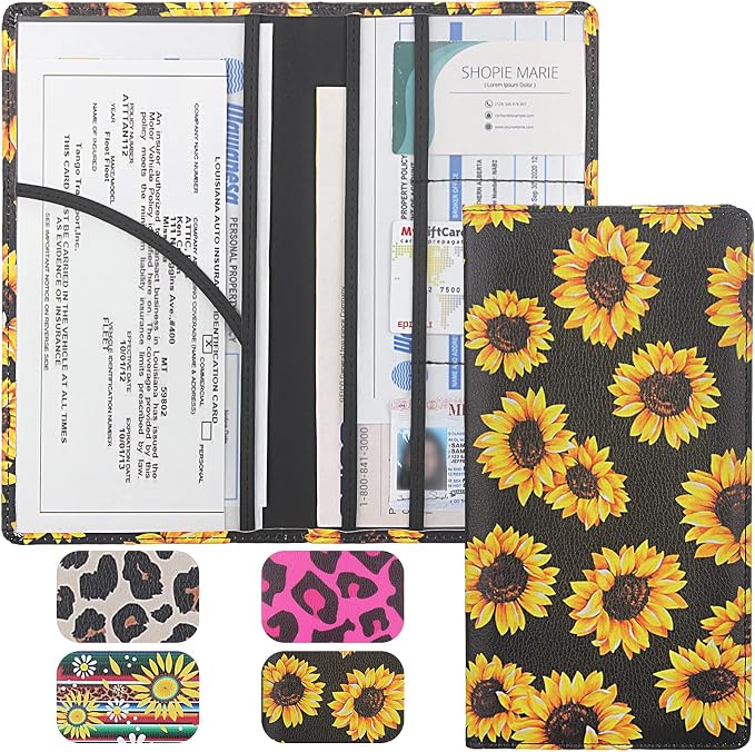 Premium Car Registration & Insurance Card Holder with Magnetic Shut, Vehicle Glove Box Car Organizer - For Documents, Cards, License (Sunflower B)