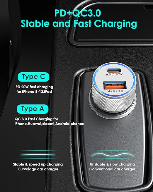 iPhone Fast Car Charger,[Apple Certfied] 38W Dual USB C Car Charger Adapter All Metal 2 Port Quick Charging with 2Pack Apple Lightning Cable for iPhone 13 Pro Max Mini 12 11 Xr Xs X 8 AirPods iPad