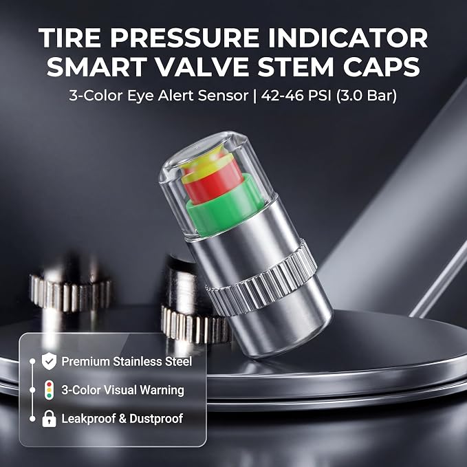 4Pcs Tire Pressure Monitor Valve Stem Caps, 3 Color Tire Pressure Indicator Valve Caps for Highway Driving Long Road Trip, 42-46 PSI 3.0Bar for Car Trailer Truck SUV