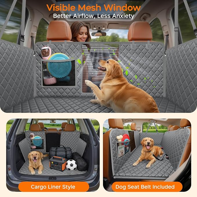 XL Dog Backseat Extender for Full-Size Crew Cab Truck, Hard Bottom Dog Car Seat Cover for Back Seat Holds 400lbs, Waterproof Dog Hammock Pet Rear Seat Protector Travel Bed for F150 / Silverado