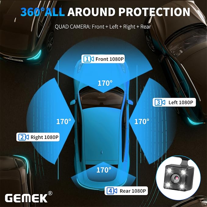 360 Degree View 4 Channel Dash Cam 5G WiFi & APP Control, 2K Front and Rear Inside, Left Right Dash Camera for Cars Free 64GB TF Card, G-Sensor, Night Vision, 24H Parking Mode