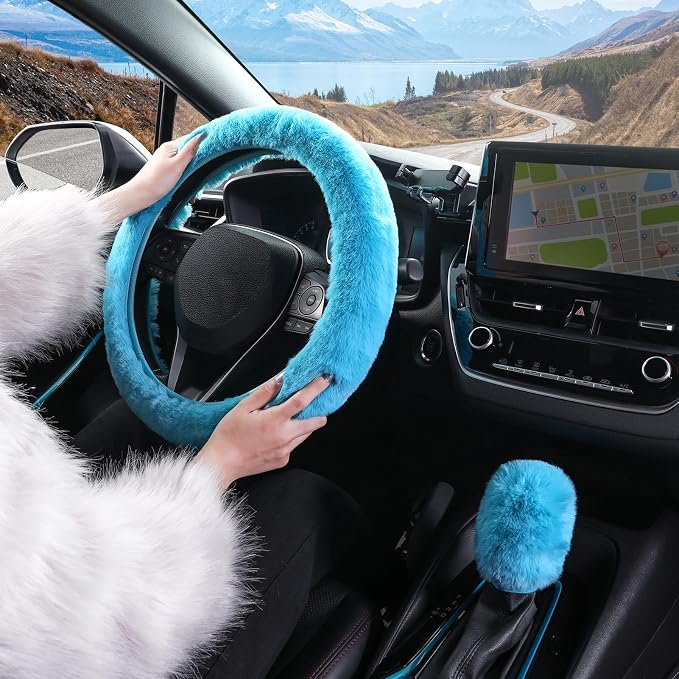 Furry Car Steering Wheel Cover with Gear Shift Cover, Soft and Warm, Cute Fluffy Auto Decor for Women Men, Standard Size, 2 PCS Set, Cyan