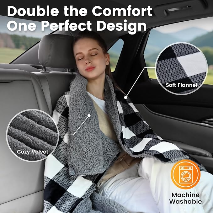 Car Heated Blanket, 12-Volt Portable Heated Car Blanket with 4 Heating Levels & 4 Hours Auto Off for Car, Truck, SUV, RV or Camping, Travel, Machine Washable, 59" X 43", Plaid