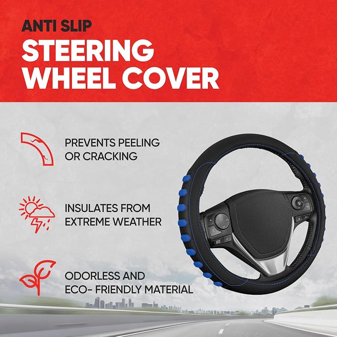 FlexGrip Blue Steering Wheel Cover for Cars – Standard 15 inch Car Steering Wheel Cover, Steering Wheel Protector for Auto Truck Van SUV