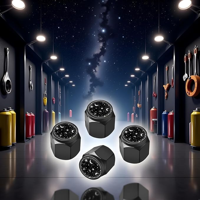 Tire Valve Stem Caps Cover,4 Pcs Metal Black Air Valve Cap, Aluminum Car Wheel Stem Caps,Universal Stem Covers for Cars,Trucks,Bikes,Motorcycles,Corrosion Resistant (Moon Star)