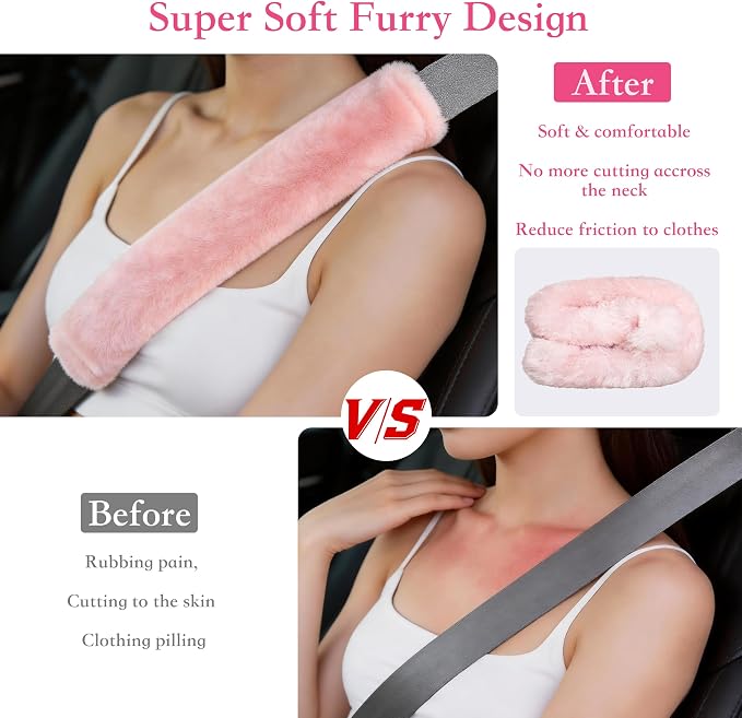 Soft Faux Fur Universal Fit Seatbelt Cover Car Truck SUV Airplane Seat Belt Shoulder Pad for Carmera Backpack Straps Neck Cushion Protector 2 Pack 10.5in Nude Pink