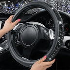Bling Black Diamond Leather Steering Wheel Cover, with Sparkly Crystal Glitter Rhinestone Universal Fit 15" 1/2-16" Large Size Car Wheel Protector for Women Girl Fit Car,SUV,Van,Sedan, Black