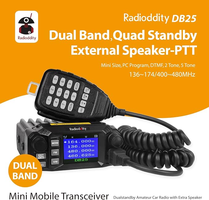 DB25 Pro Dual Band Quad-Standby Mini Mobile Car Truck Radio, 4 Color Display, 25W Vehicle Transceiver with Cable + High Gain Quad Band Antenna