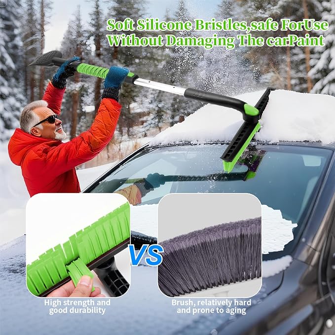 45.6" Ice Scraper and Snow Brush for Car Windshield [Silicone Bristles],3-in-1 Extendable Emergency Snow Shovel with Ergonomic Foam Grip and 360° Pivoting Brush Head for Christmas, Car Auto Truck SUV