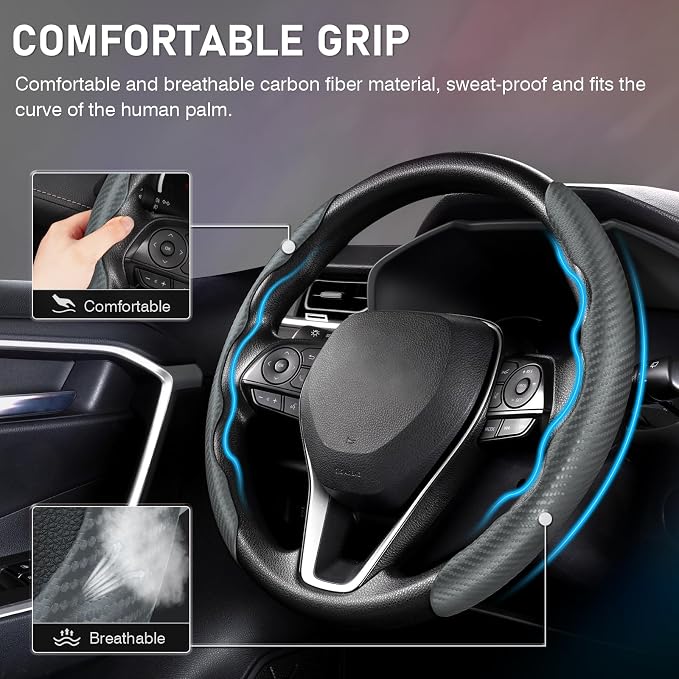 Steering Wheel Cover, Carbon Fiber Steering Wheel Cover for Men/Women, Anti-Slip, Comfortable Grip, Durable, Universal for 99% Car Interior Accessories (Dark Gray)