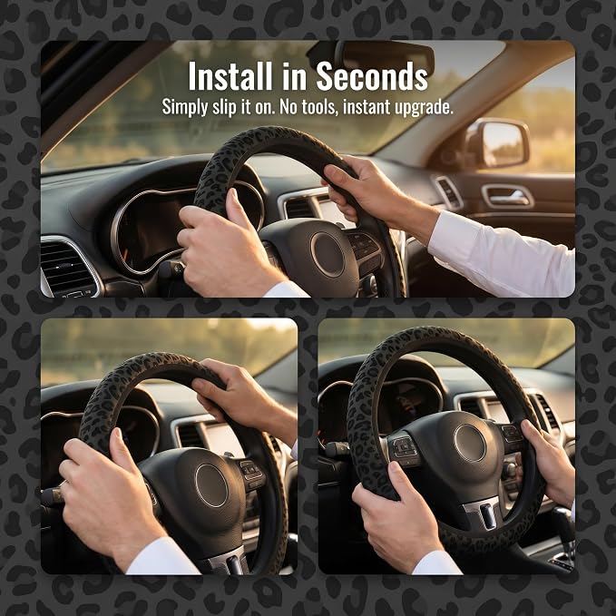 15 Inch Neoprene Steering Wheel Cover Non-Slip (Black Leopard Print)