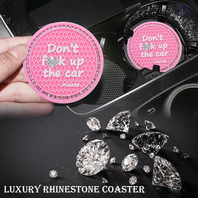 2PCS Bling Crystal Rhinestone Cup Holder Coaster – 2.75 Inch Anti-Slip Auto Insert Cup Coaster – Sparkling Interior Decor Accessories for Cars & Vehicles (Pink & White)