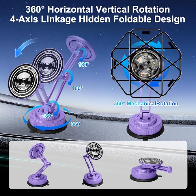 All-Metal Alloy Long Arm Magnetic Suction Cup Car Phone Mount(Purple) | Strong Powerful Magnetic Heavy-Duty Windshield Dash 360° Mechanical Rotation Cell Mobile Phone Vehicle Bracket for All Cars