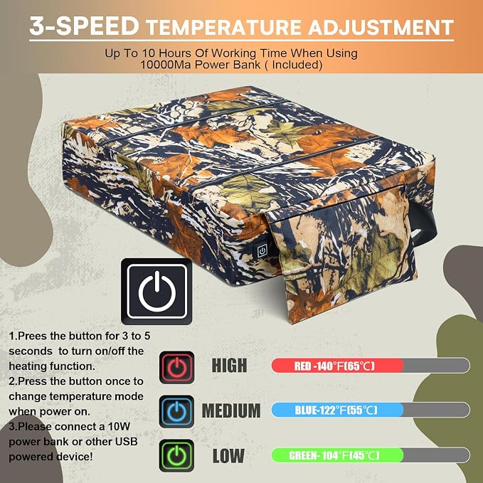 Heated Hunting Seat Cushion Pad Thermal Hunting Seat with 10000 mAh Power Bank Adjustable Temperature Hunting Hot Seat Cushion for Tree Stand,Bleacher,Sport Without Backrest