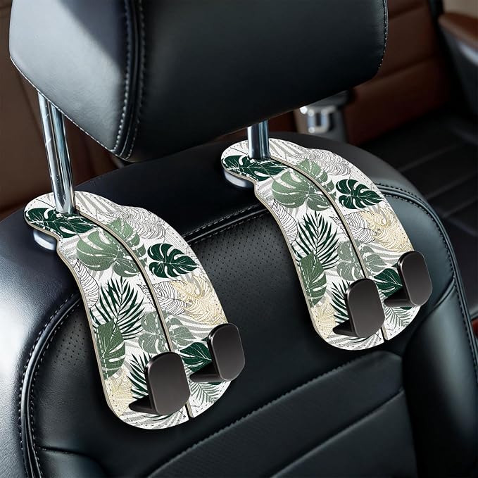 2PCS Car Seat Back Storage Headrest Hooks, Tropical Leaf Purse Holder Bags Hanger, PU Leather Double Metal Hook for Backseat Organizer, Women Car Accessories Organization
