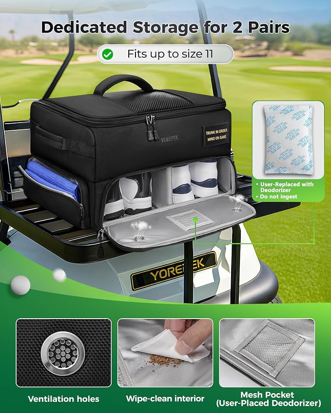 Upgraded Golf Trunk Organizer, Golf Gifts for Men, with Removable Insulated Pouch&Dust-Proof Protective Layer, Multi-Compartment fits 2 Pairs of Shoes, Golf Accessories