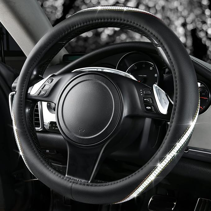 Bling Diamond Black Leather Steering Wheel Cover, Studded Crystal Rhinestones Universal Fit 14" 1/2-15" Glitter for Women Sparkle Girl Fit Suvs,Vans,Sedans,Car,Trucks, Multicolor Diamond