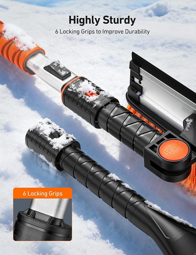47.2" Ice Scrapers for Car Windshield, 3 in 1 Sturdy Snow Brush with Squeegee, 10 Adjustable Length Settings, Extendable Aluminum Handle, 180° Pivoting Snow Scraper for Car, Truck, SUV(Orange)