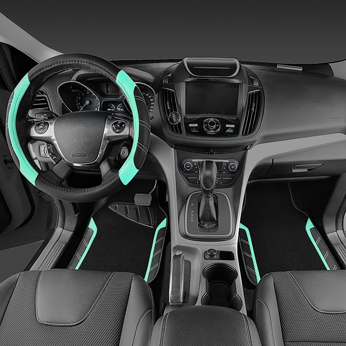 Leather Steering Wheel Cover and Waterproof Car Floor Mats,Microfiber Universal Car Combo Fit for 95% Sedan,SUV,Cars,14.5-15inch Sporty Anti-Slip Safety Comfortable Design(Black&Mint)