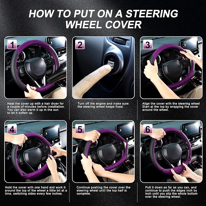 Steering Wheel Cover for 14.5-15 inch Wheels, Breathable PU Leather with Perforated Sides, Anti-Slip Grip, Universal Fit for Cars & SUVs, Black and Dawn Purple