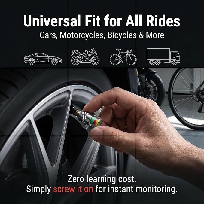 4Pcs 32-to-35 PSI Car Tire Pressure Monitor Valve Stem Caps Sensor Indicator Easy to Read 3 Color Eye Alert