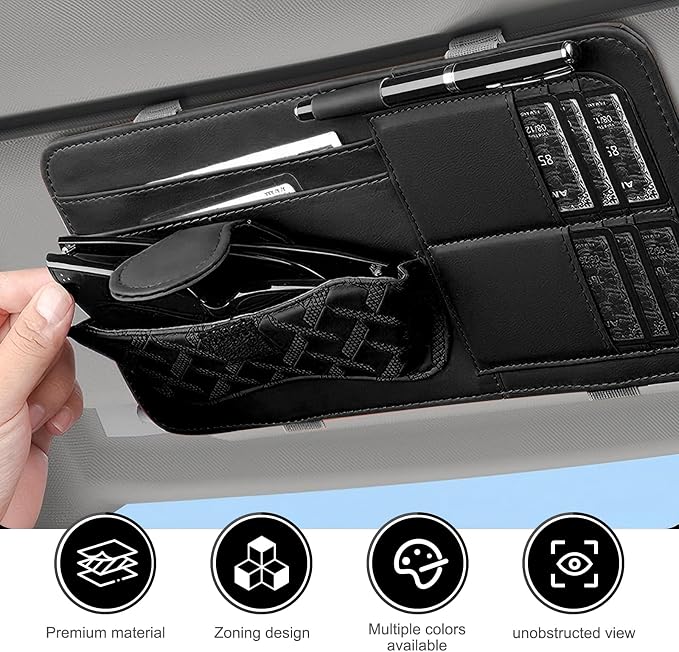 Car Sun Visor Organizer, Leather Multi-Pocket Auto Visor Storage Pouch for Sunglasses Cards License, Waterproof Car Interior Space-Saving Accessories, Universal for Most Cars (Black)