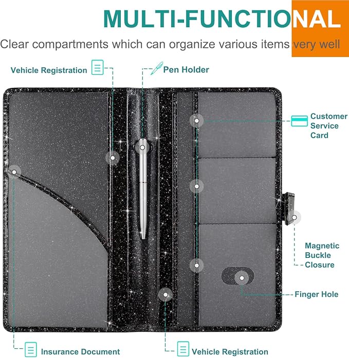 Car Registration and Insurance Holder, Vehicle Glove Box Organizer Cool Car Accessories, Auto Truck Document Holder for Cards, Driver License, Black Glitter