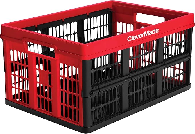 Collapsible Utility Crates - Red 1pck 45L / 11 Gal holds 66 lbs - Stackable Containers Heavy Duty Capacity Crates Space-Saving Baskets