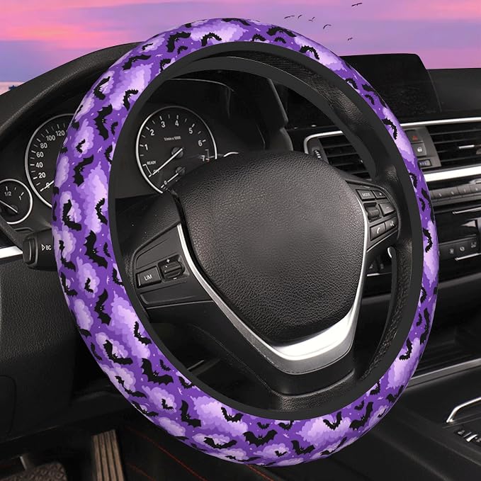 Gothic Purple Black Bats Steering Wheel Cover for Women Men Neoprene Breathable Wheel Cover Protector Anti-Slip Car Accessories Universal 15 Inch Fit for Cars Trucks Vehicles