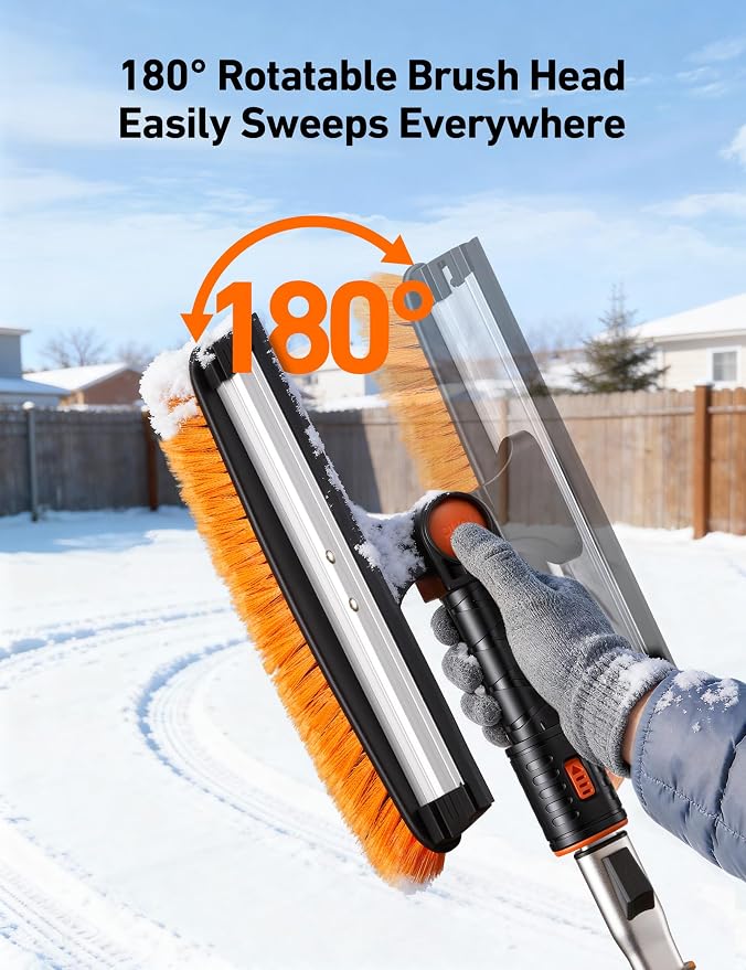 47.2" Ice Scrapers for Car Windshield, 3 in 1 Sturdy Snow Brush with Squeegee, 10 Adjustable Length Settings, Extendable Aluminum Handle, 180° Pivoting Snow Scraper for Car, Truck, SUV(Orange)