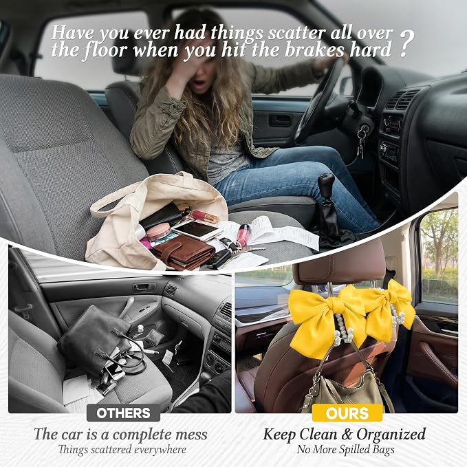 2PCS Satin Bow Pearl Car Seat Headrest Hooks – Car Bag Holder & Vehicle Hanger for Purses – Cute Coquette Aesthetic Interior Decoration – Cute Auto Organizer Accessories Universal (Sunshine Yellow)