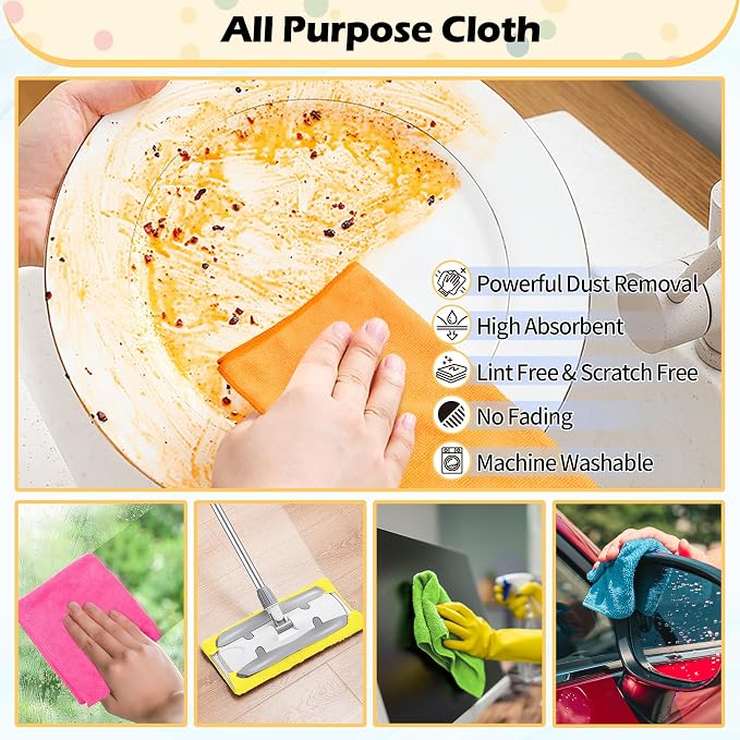 Microfiber Cleaning Cloth, 50 Pack Cleaning Rags, Cleaning Towels for Housekeeping, Kitchen, Car, Lint-Free, Reusable Shop Towels with 5 Colors (Green/Blue/Yellow/Orange/Pink), 12"X12"