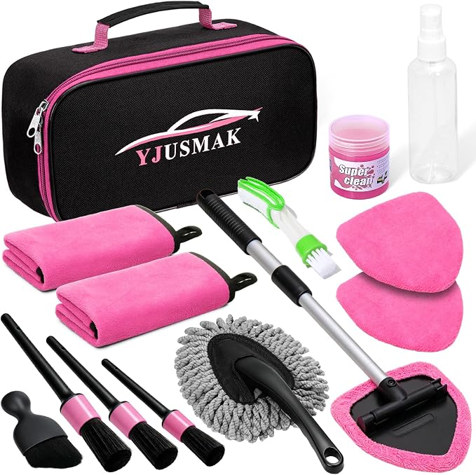 Windshield Cleaning Tool, 13PCS Car Detailing Kit Interior Cleaner, Car Window Cleaner with Extendable Handle, Car Interior Cleaning Kit with Detailing Brushes for Women Men (Pink)