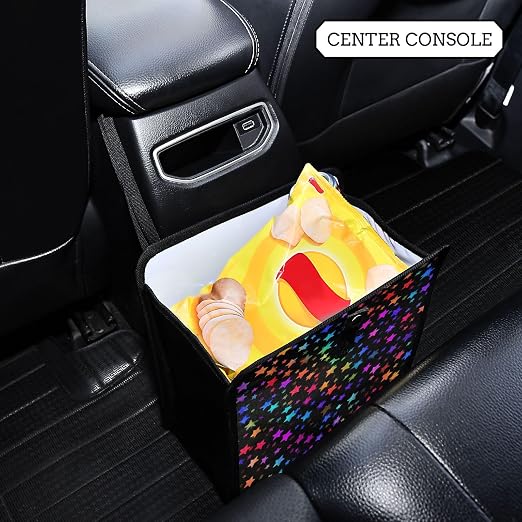 Car Trash Can Organizer Bin with Adjustable Strap for Back Front Seat Console Waterproof Leakproof Collapsible Portable 11 Inch Vibrant Rainbow Stars