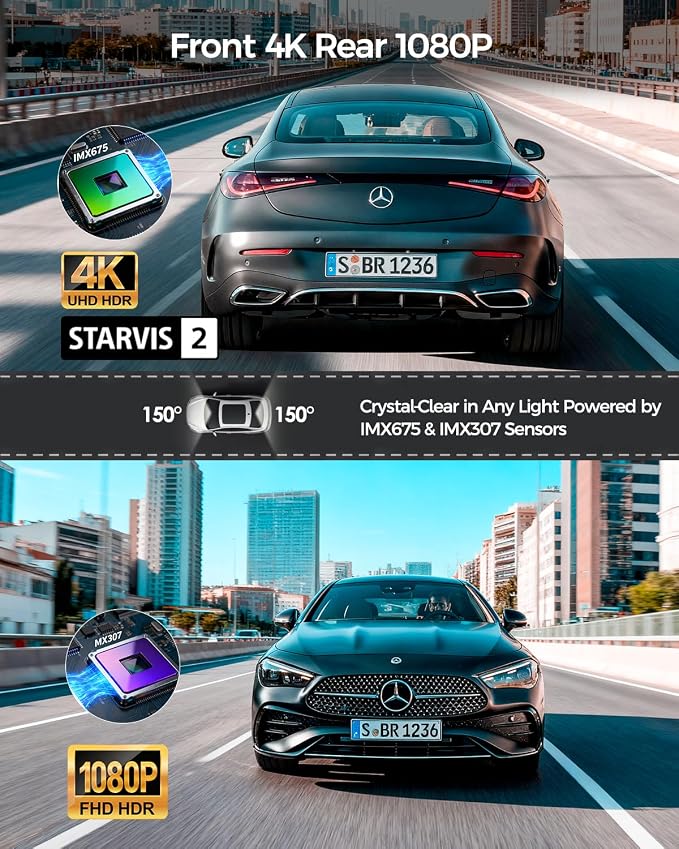 V100 4K Dash Cam Front and Rear, Free 64GB Card Dashcam Car Camera | 4" Touch Screen, STARVIS 2 Night Vision, GPS, 5G WiFi up to 20MB/s, Voice Control, 24H Parking Mode, G-Sensor Loop Recording