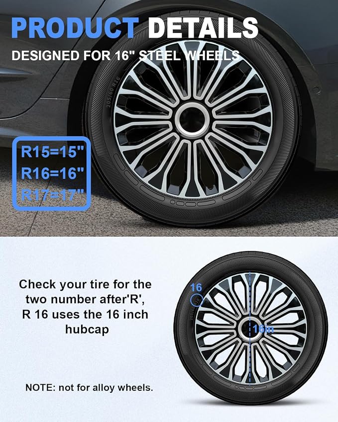 Hubcaps,16 inch hubcaps Set of 4, Wheel Rim Cover ABS Material, Snap On Car Truck SUV Replacement, for Toyota Camry Nissan Mazda etc, Black&Silver