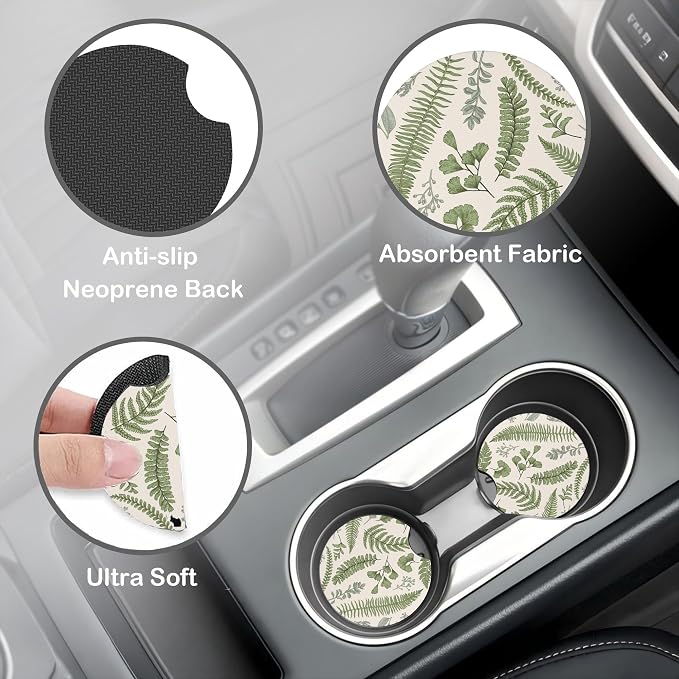 Leaves and Herbs Steering Wheel Cover with 2 Pcs Car Coasters Neoprene Steering Wheel Cover for Women Men Anti-Slip Breathable Car Accessories Universal 15 Inch Fit Auto Cars Trucks