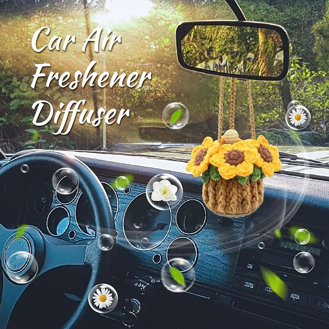 Crochet Car Air Freshener, 15ml Empty Refillable Oil Diffuser Bottle with Hanging Crochet Sunflower for Car Rearview Mirror Decor Air Freshener Diffuser for Home, and Office Decor(Sunflower)