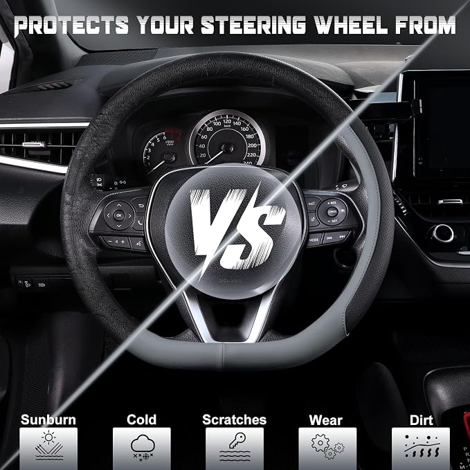 D Shaped Steering Wheel Cover for 14.5-15 inch Flat Bottom Wheels, Breathable Perforated Microfiber Leather, Anti-Slip Grip, Universal Fit for Cars & SUVs, Black and Gray