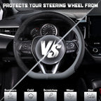 D Shaped Steering Wheel Cover for 14.5-15 inch Flat Bottom Wheels, Breathable Perforated Microfiber Leather, Anti-Slip Grip, Universal Fit for Cars & SUVs, Black and Gray