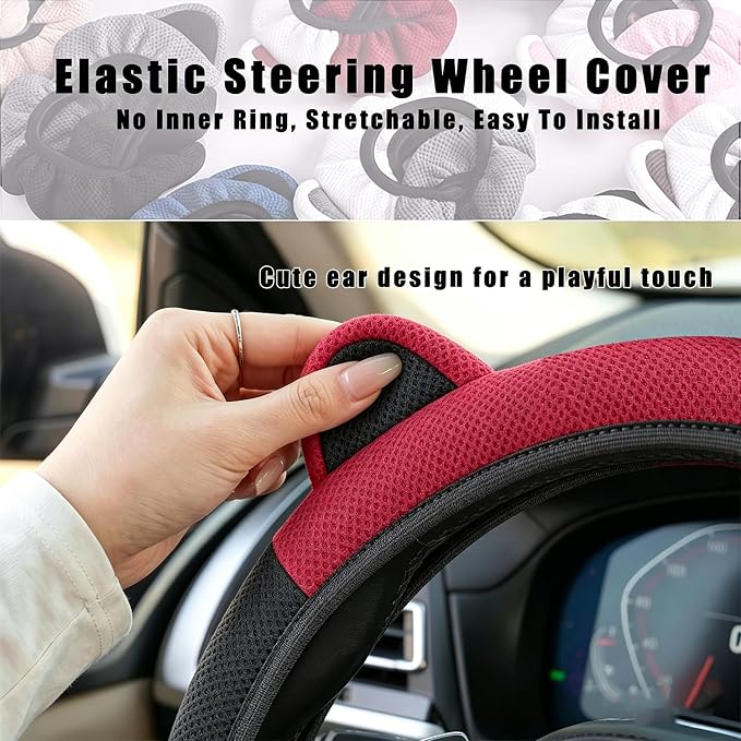 Steering Wheel Cover with Ears Keychain Fit 14-15 inch Black Red | Cute Car Steering Wheel Covers for Women Girls Elastic Breathable Steering Wheel Protector Accessories Universal Size