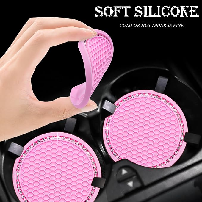 2PCS Bling Cup Holder Coaster, 2.75 Inch Auto Car Cup Holder Insert Coasters, Soft Silicone Anti-Slip Shockproof, Universal Vehicle Interior Accessories for Women Girls (Pink & White)
