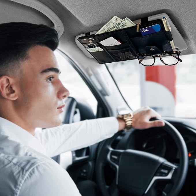 Car Sun Visor Organizer (Black) | Multi-Pocket Net Zipper Case for Cash, Card, Pen & Sunglass | Visor Organizer Storage Pouch | Interior Accessories with Pocket for Car & Truck | Small