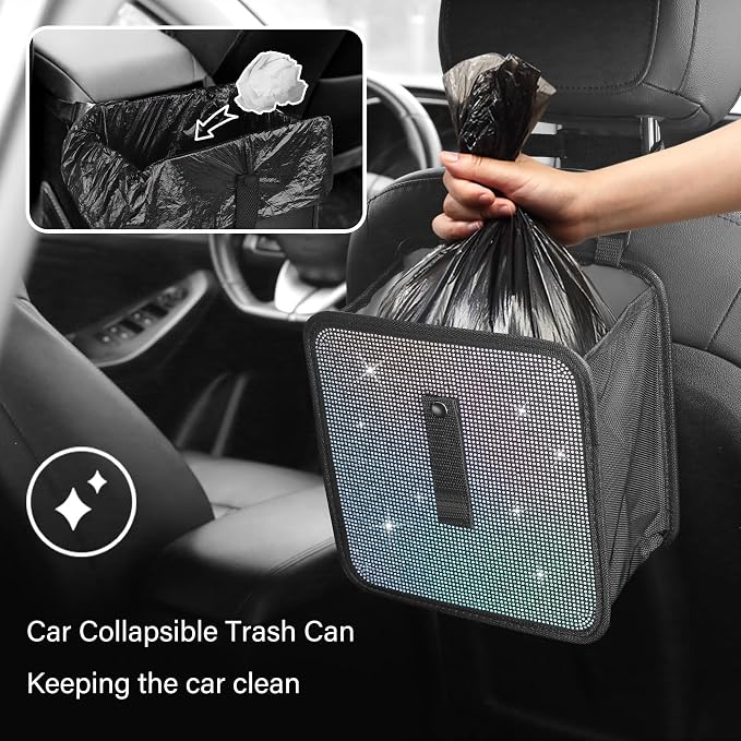 Foldable Trash Can with Rhinestone, Bling Car Bin Organizer & Decoration, Universal Garbage Can for Most Cars, SUVs, Trucks (Colorful)