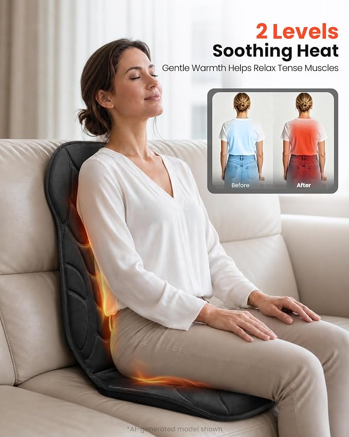 Back Massager with Heat, Vibration Massage Seat Cushion with 8 Massage Nodes & 5 Modes, Adjustable Chair Massager Pad for Home Office, Heated Chair Pad, Gifts for Women Men Mom Dad